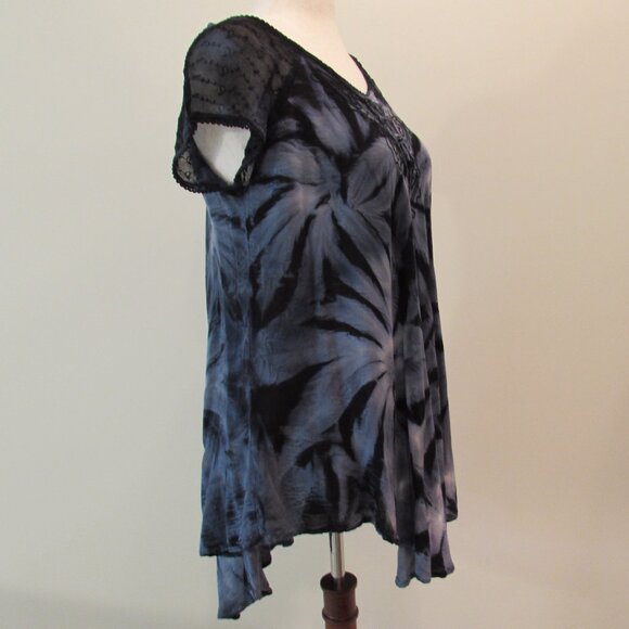Pacific Batik Collection Tunic Top Free Size Blue Black Tie Dye Embroidered - Picture 8 of 15